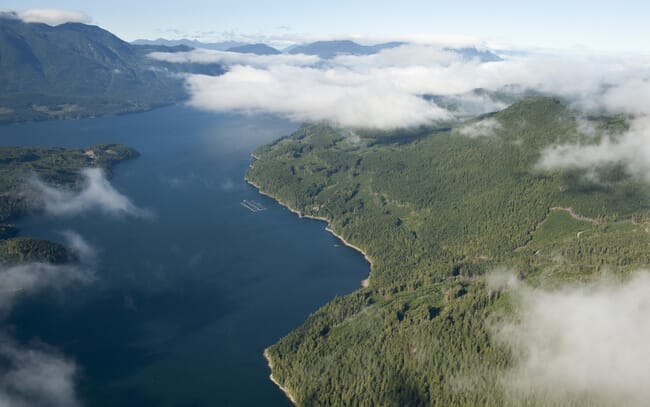 Aerial view of a salmon farm, British Columbia.