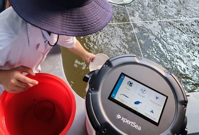 smart bucket next to a shrimp pond